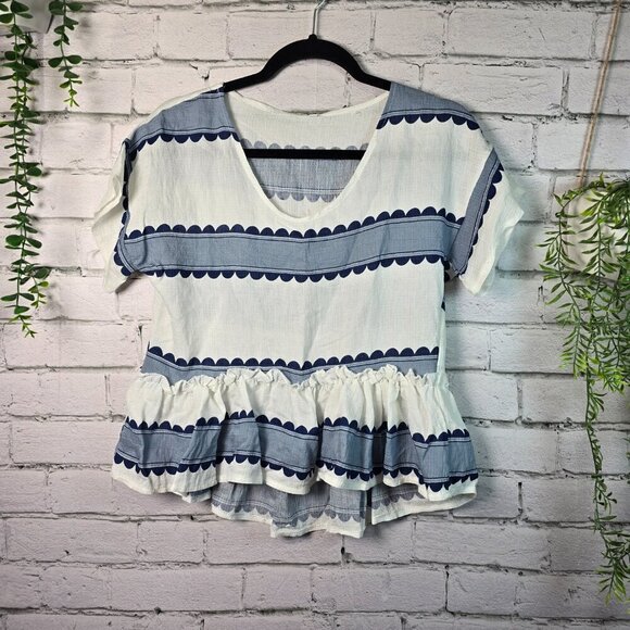 BOUTIQUE BOLD STRIPE CROP TOP RUFFLED HEM BLUE AND WHITE WOMENS SIZE MED - Picture 1 of 7